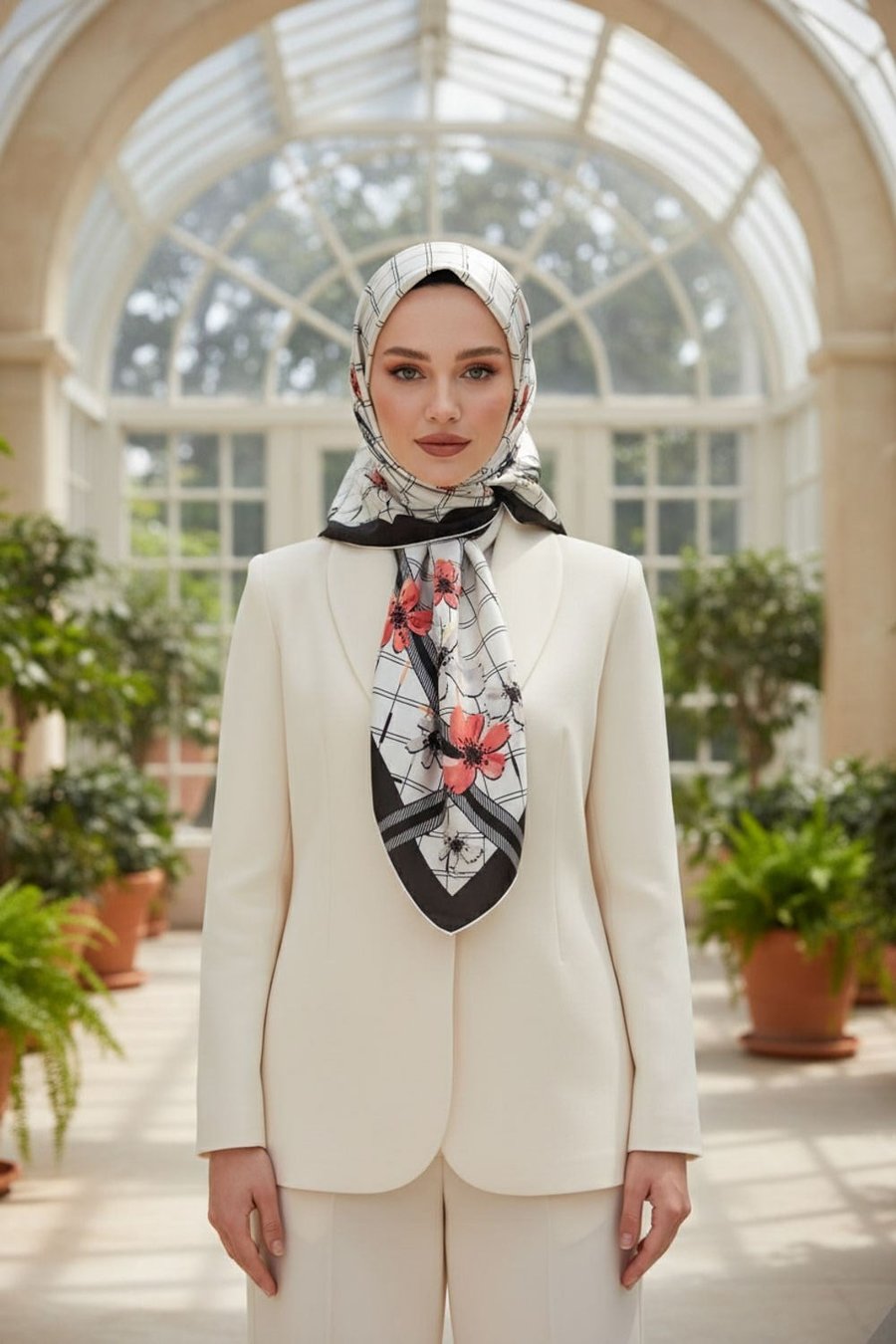 %100 Twill İpek Çıtır Çiçek Desenli Narçiçeği - Krem Renkli 90x90 Eşarp Dikim Şekli : El Dikişi