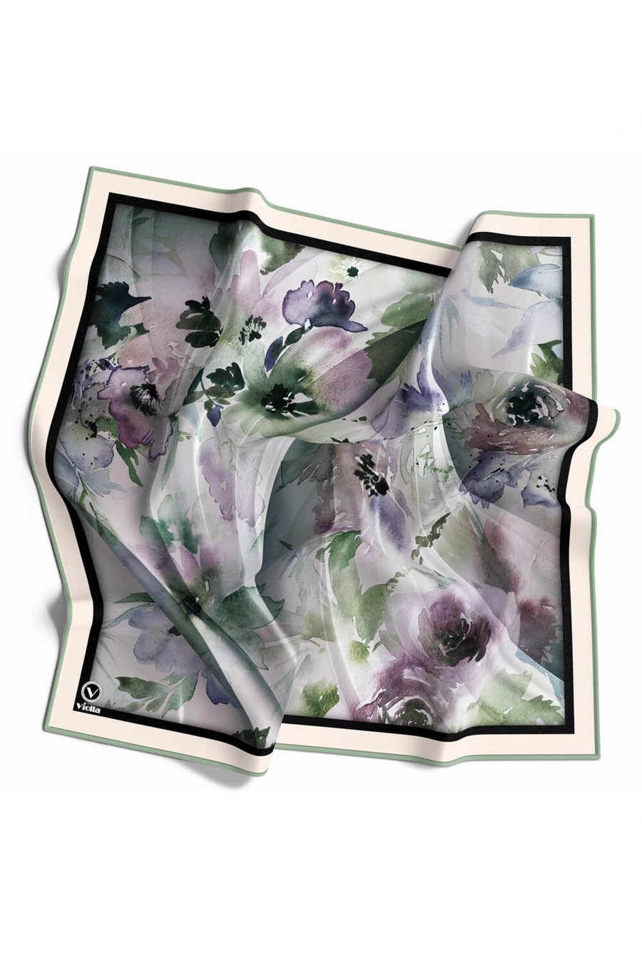 Rayon Sulu Boyalı Çiçek Desenli Mint Yeşili Renkli 90x90 Eşarp (İpek İçermez) Kenar Dikiş Şekli El Dikişli