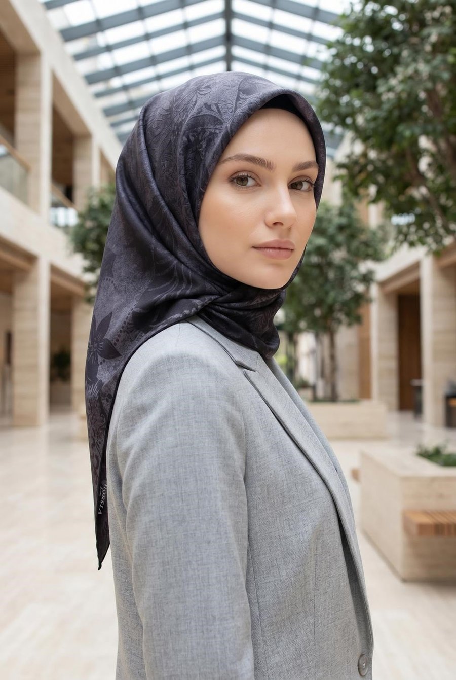 % 57 İpek % 43 Viskon Twill İpek Degradeli Yaprak  Desenli Gri Renkli 90x90 Eşarp Dikim Şekli : El Dikişi