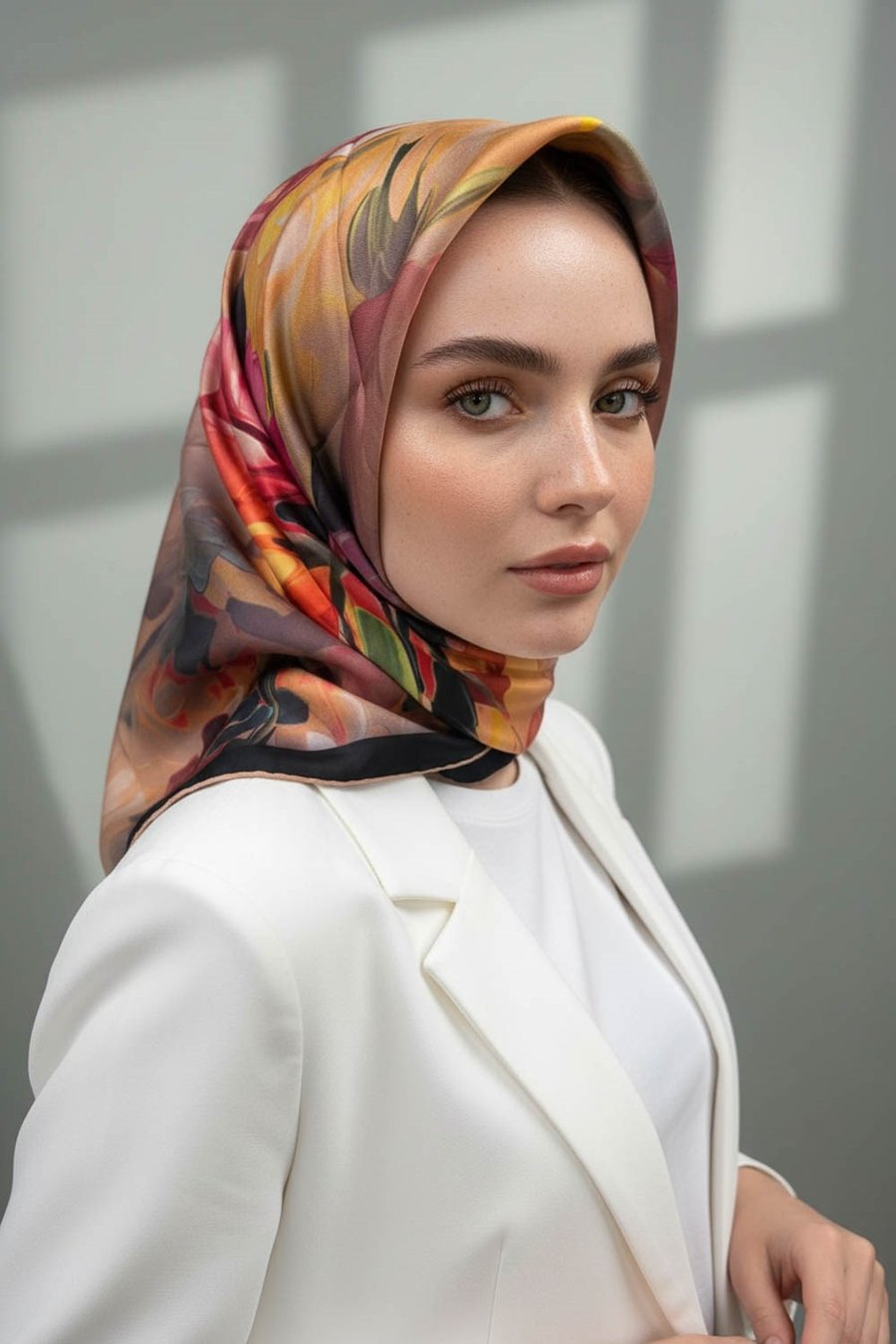 %100 Twill İpek Dumanlı Çiçek Desenli Somon Renkli 90x90 Eşarp Kenar Dikiş Şekli El Dikişli
