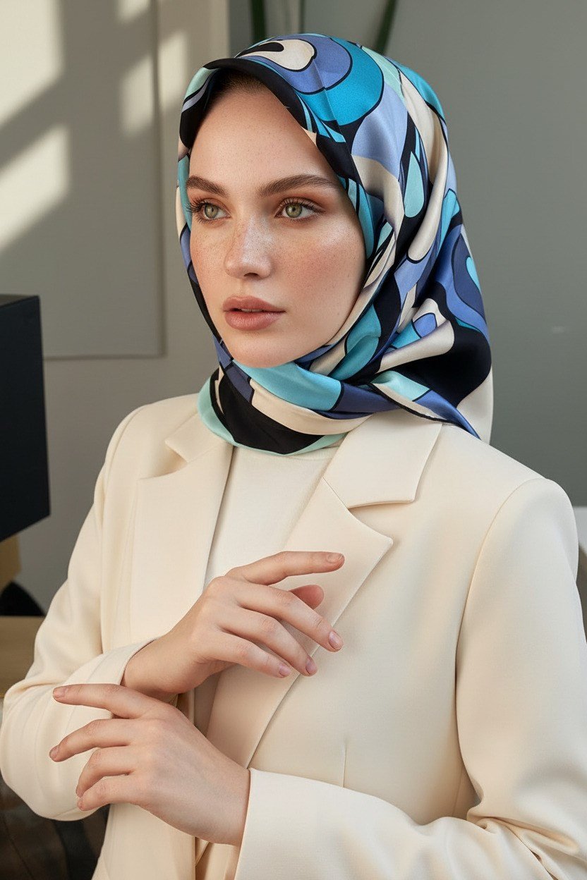 100% Twill İpek Geometrik Desenli Bebe Mavisi - İndigo Renkli 90x90 Dikim Şekli : El Dikişi Eşarp
