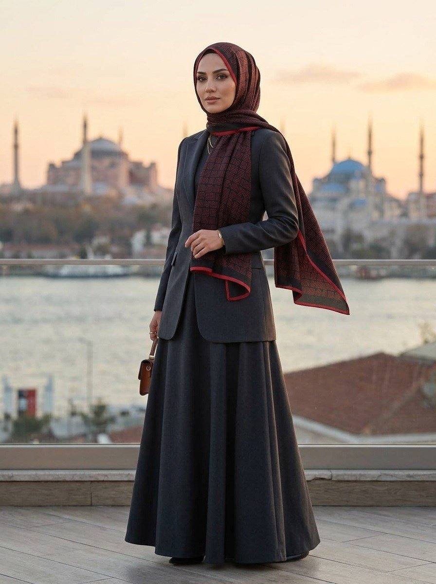 %100 Saf İpek Şal İnce Saten Vual Dokuma Etnik Desenli Siyah - Kırmızı Renkli 90x210 Şal
