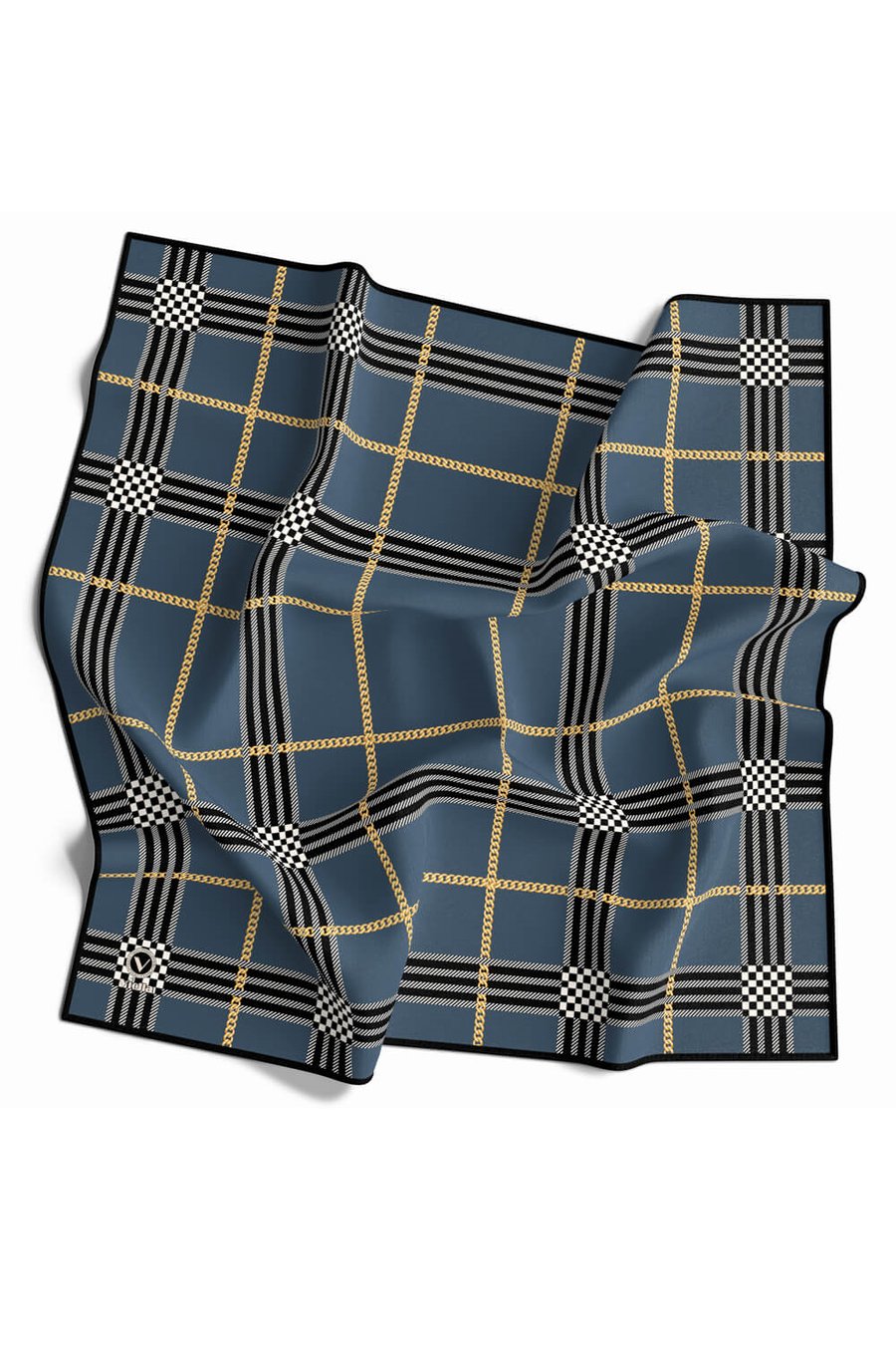 Twill Ekose Desenli İndigo Renkli 90x90 Eşarp (İpek İçermez) Kenar Dikiş Şekli El Dikişli