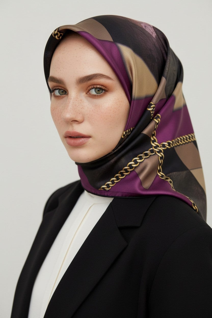 % 57 İPEK % 43 VİSKON Twill İpek Taş Efekti Desenli Mürdüm - Siyah Renkli 90x90 Eşarp Dikim Şekli : El Dikişi