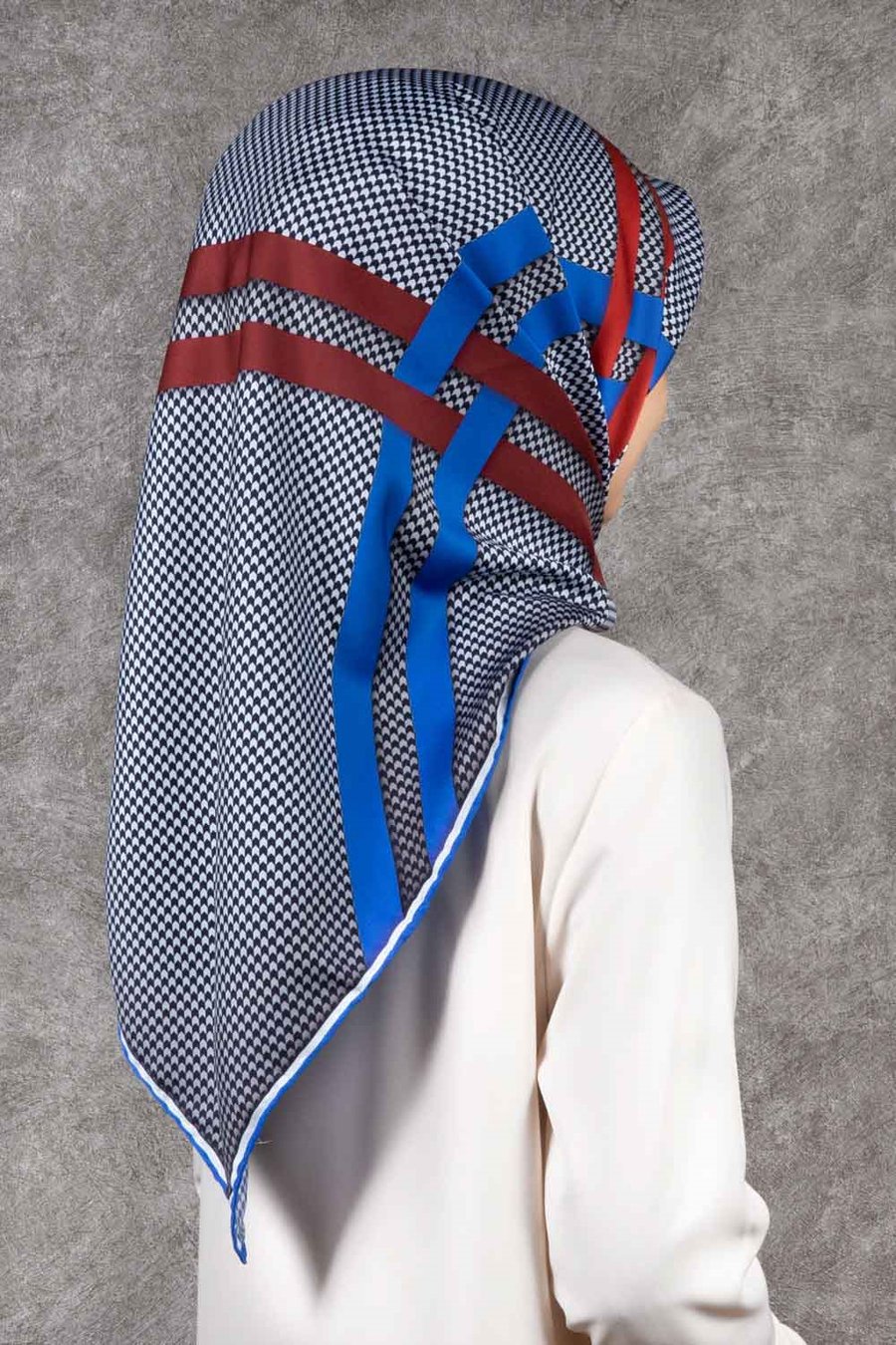 Twill Çizgili Pötikareli Çizgili Desenli Saks Mavisi - Kırmızı Renkli 90x90 Eşarp (İpek İçermez)