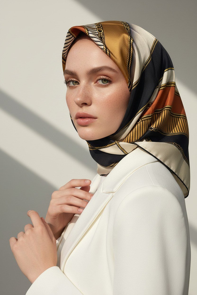 %100 Twill İpek Zincir Detaylı Geometrik Desenli Taba - Vizon Renkli 90x90 Eşarp Dikim Şekli : El Dikişi