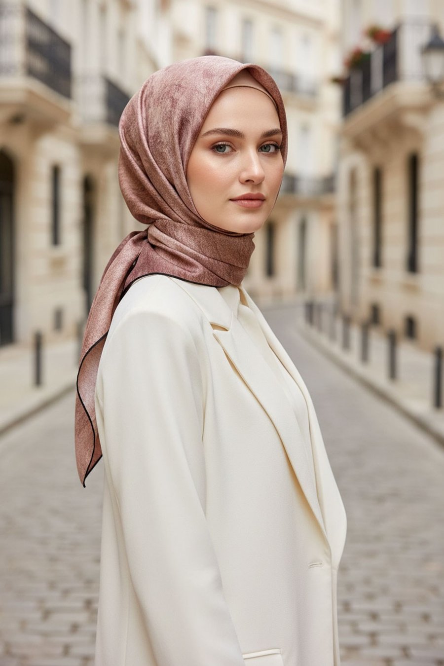 % 57 İPEK % 43 VİSKON Twill İpek Doku Desenli Pudra Renkli 90x90 Eşarp Dikim Şekli : El Dikişi