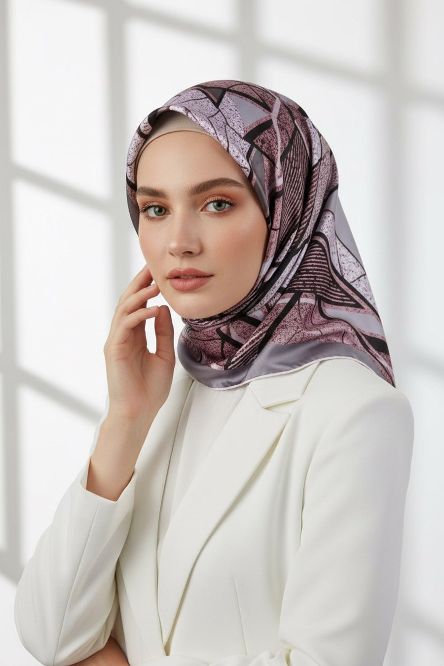 Kristal Geometrik Desenli Gri - Pudra Renkli 90x90 Eşarp (İpek İçermez) Kenar Dikiş Şekli El Dikişli