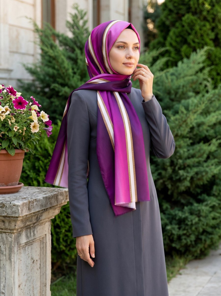 %100 Saf İpek Şal İnce Saten Vual Dokuma Şerit Desenli Mürdüm - Krem Renkli 90x210 Şal
