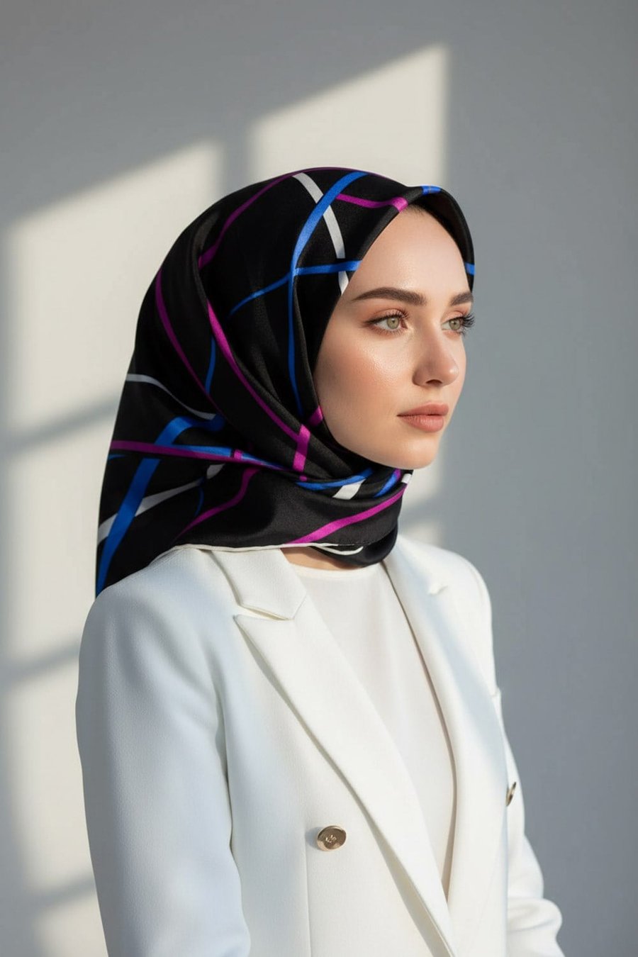 %57 İPEK %43 VİSKON Twill İpek Çizgili Desenli Saks - Fuşya Renkli 90x90 Eşarp Dikim Şekli : El Dikişi