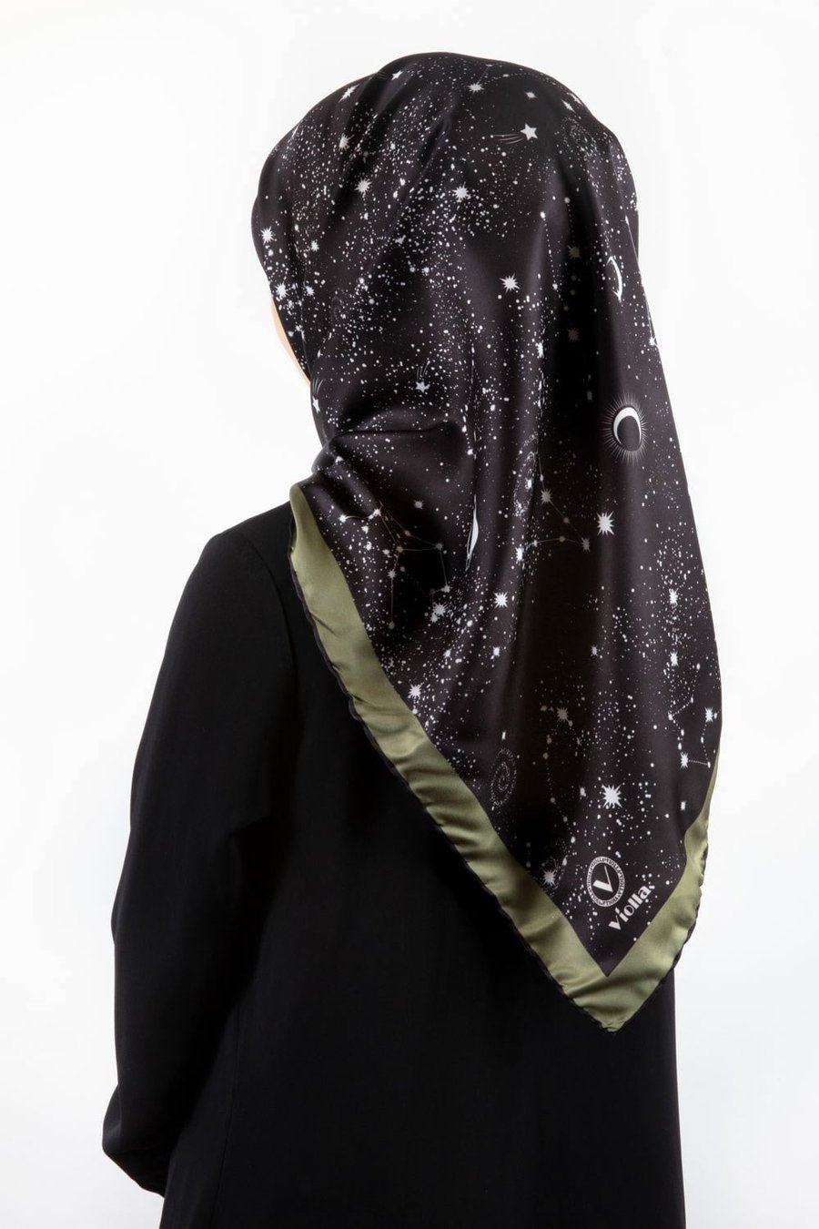 Twill Galaksi Desenli Siyah - Haki Renkli 90x90 Eşarp (İpek İçermez) Kenar Dikiş Şekli El Dikişli