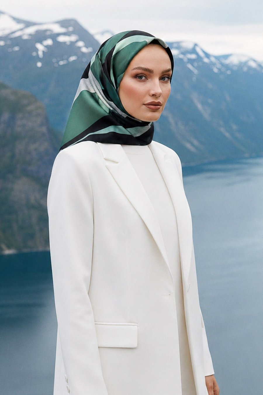 %100 Twill İpek Eşarp 90x90 Siyah Mint Geometrik Çizgi Desenli El Dikişli Kadın Eşarp