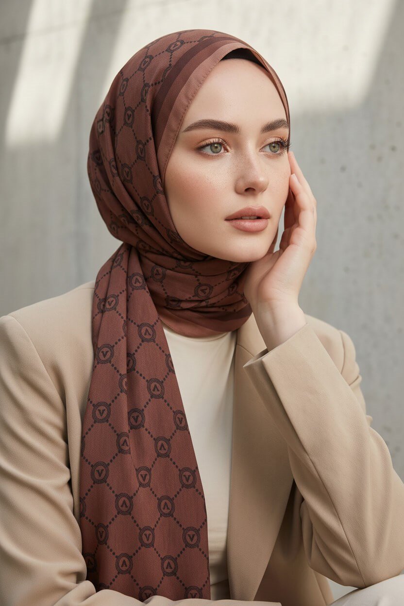 KREP MONOGRAM DESENLİ BAKIR RENKLİ 75X195 KIRIŞMAZ ŞAL