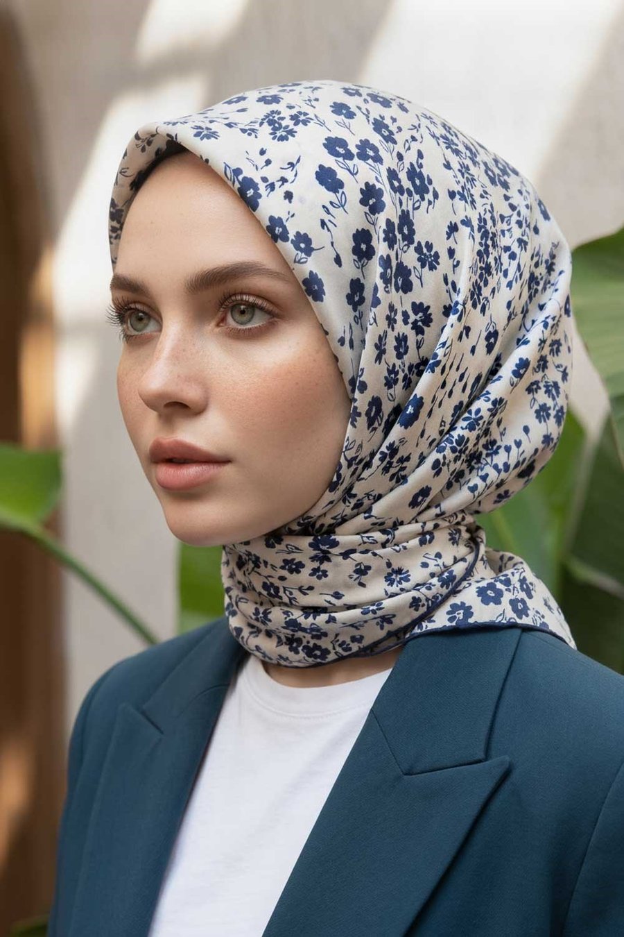 %100 Twill İpek Çıtır Çiçek Desenli Krem - Lacivert Renkli 90x90 Eşarp Dikim Şekli : El Dikişi