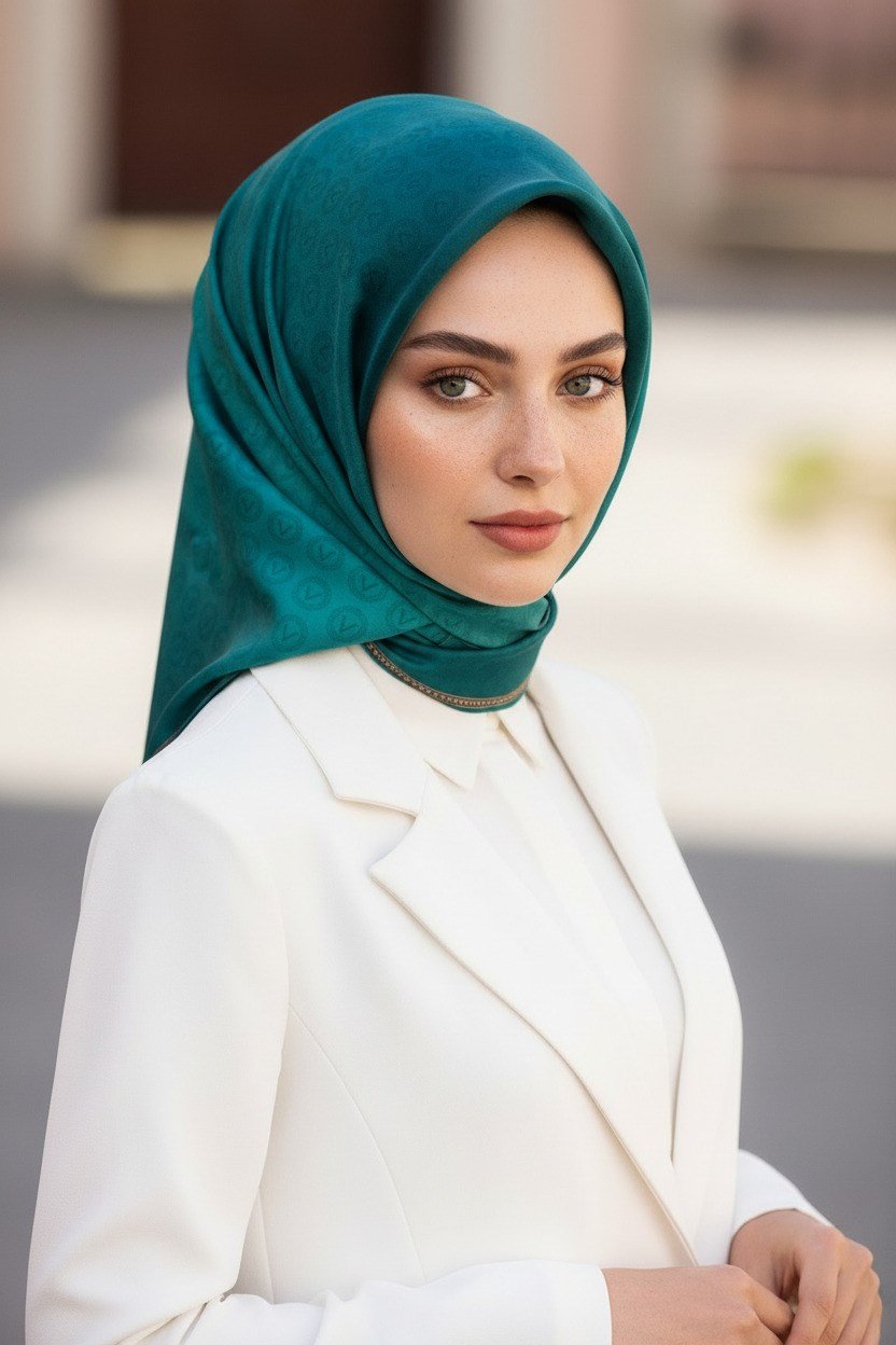 % 57 İPEK % 43 VİSKON Twill İpek Monogram Desenli Petrol Yeşili Renkli 90x90 Eşarp Dikim Şekli : El Dikişi