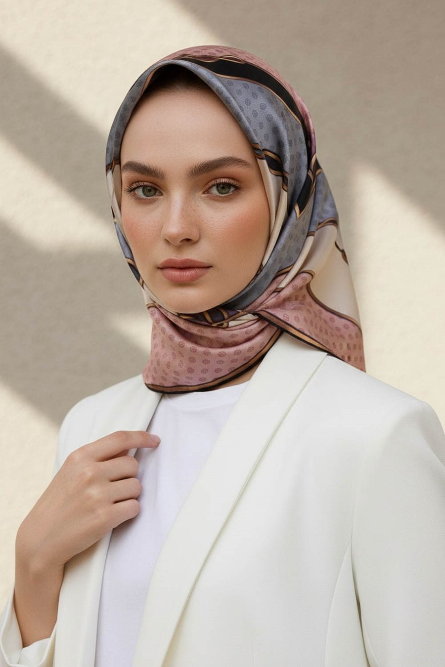 % 57 İPEK % 43 VİSKON Twill İpek Puantiyeli Ve Geometrik Desenli Pudra - Gri Renkli 90x90 Eşarp Dikim Şekli : El Dikişi