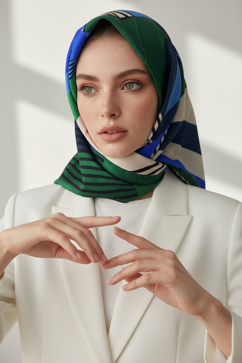 100% Twill İpek Geometrik Desenli Saks - Zümrüt Yeşili Renkli 90x90 Dikim Şekli : El Dikişi Eşarp