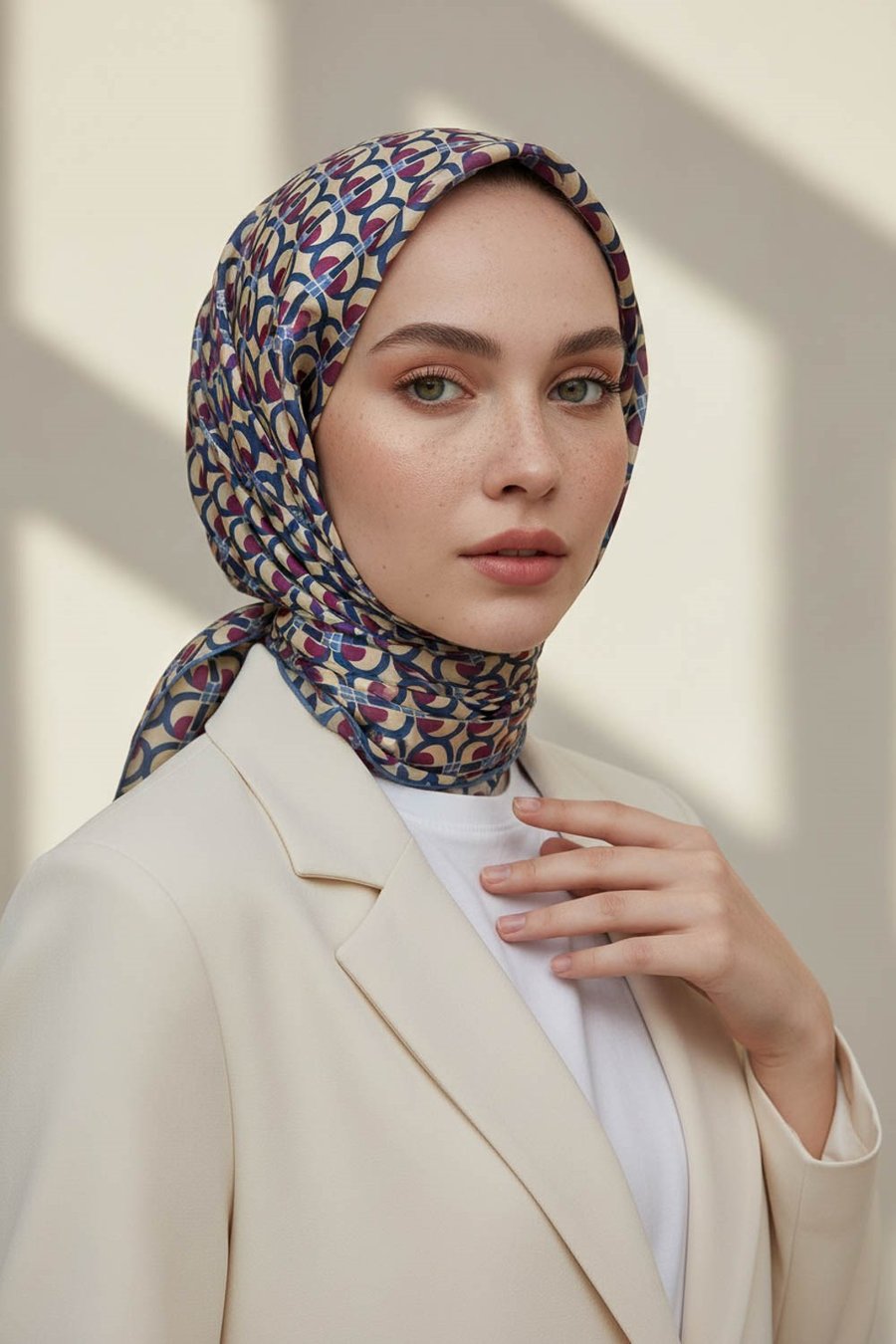 %100 Twill İpek Geometrik Desenli Bej - Mürdüm Renkli 90x90 Eşarp Dikim Şekli : El Dikişi