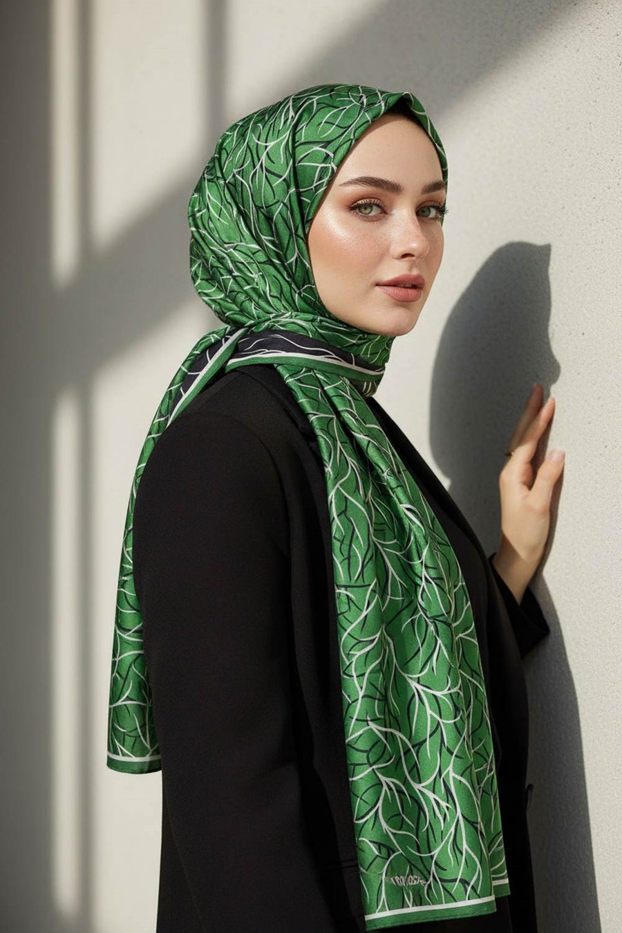 KREP GEOMETRİK DESENLİ ZÜMRÜT YEŞİLİ RENKLİ 75X195 KIRIŞMAZ ŞAL