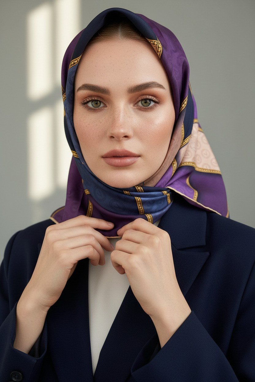 %100 Twill İpek Geometrik Desenli Lacivert - Mor Renkli 90x90 Eşarp Dikim Şekli : El Dikişi