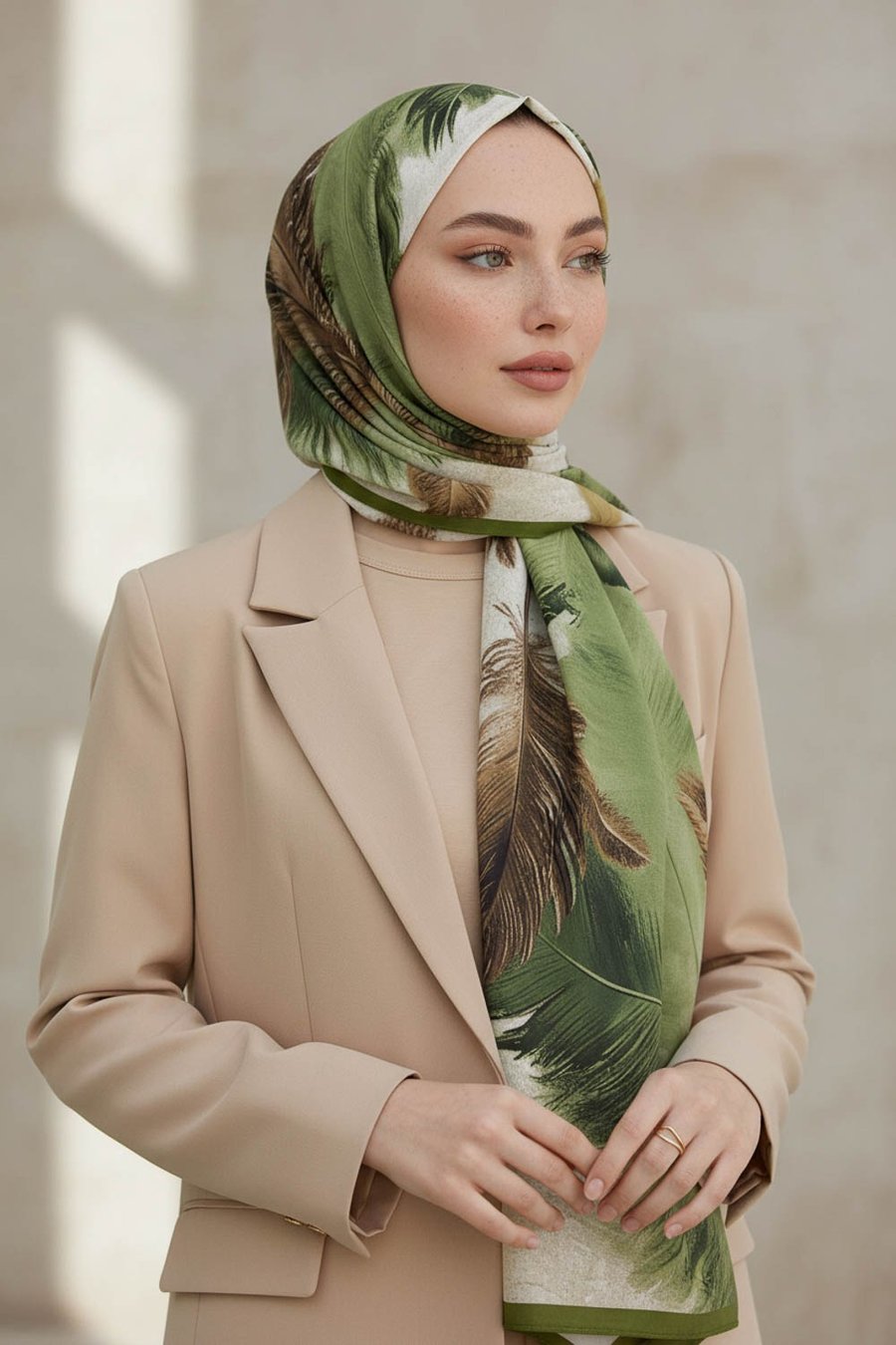 KREP YAPRAK DESENLİ HAKİ YEŞİLİ RENKLİ 75X195 KIRIŞMAZ ŞAL
