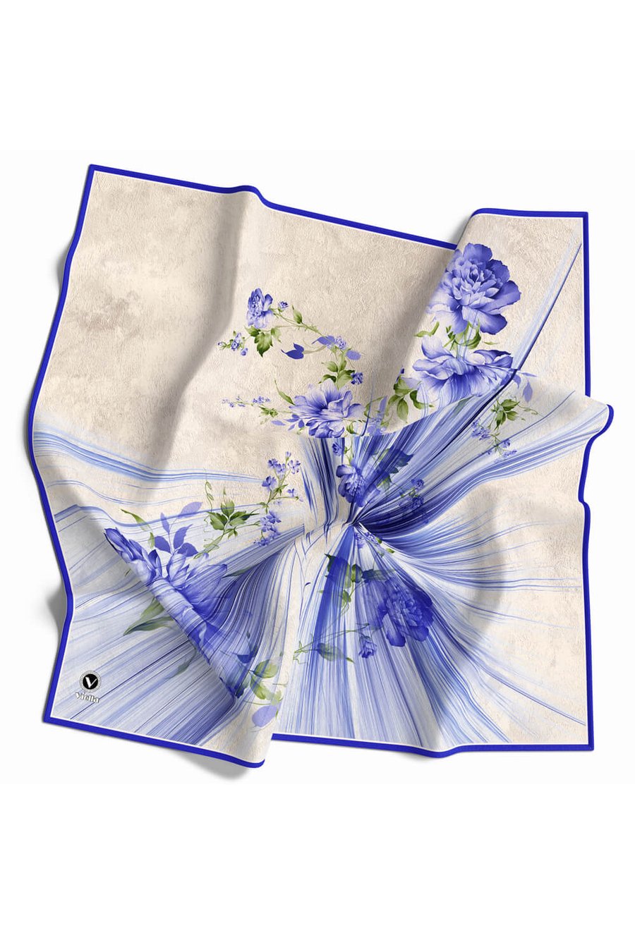 Twill Çiçekli Desenli Saks Renkli 90x90 Eşarp (İpek İçermez) Kenar Dikiş Şekli El Dikişli