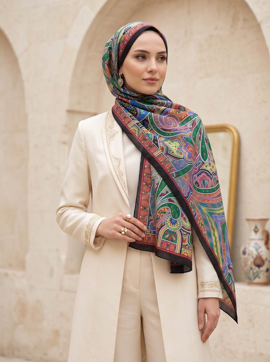 %100 Saf İpek Şal İnce Saten Vual Dokuma Etro Desenli Siyah - Fıstık Yeşili Renkli 90x210 Şal