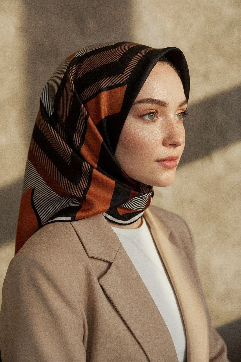 % 57 İPEK % 43 VİSKON Twill İpek Geometrik Desenli Taba - Siyah Renkli 90x90 Eşarp Dikim Şekli : El Dikişi
