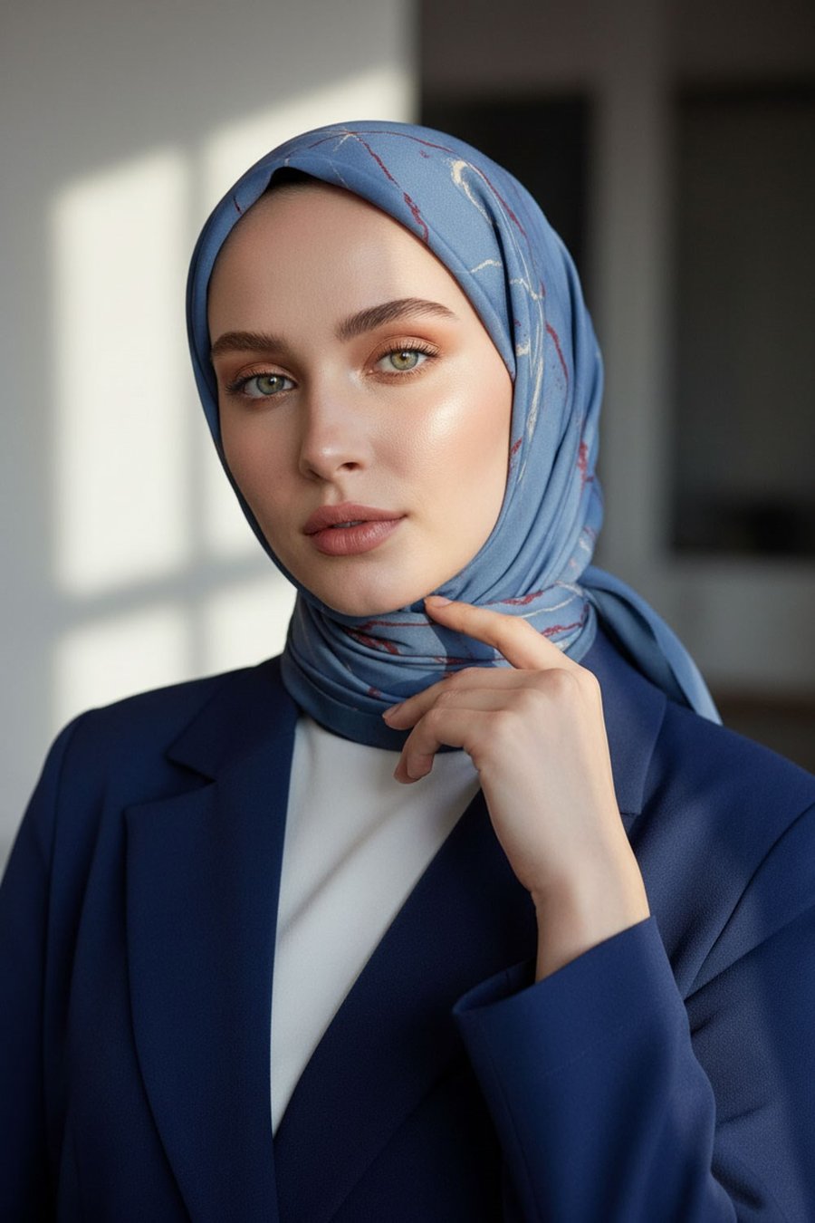 KREP MERMER DESENLİ İNDİGO RENKLİ 75X195 KIRIŞMAZ ŞAL