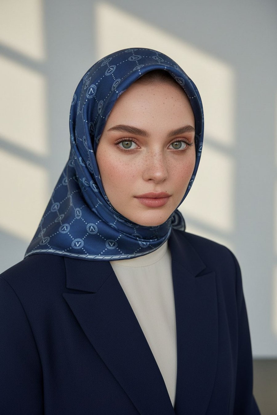 %100 Twill İpek Monogram Desenli İndigo Renkli 90x90 Eşarp Dikim Şekli : El Dikişi