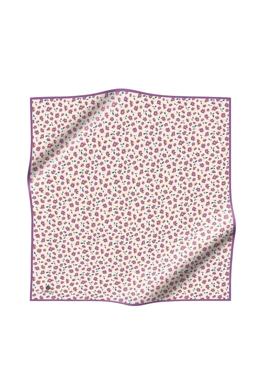 %100 Twill İpek Papatya Desenli Krem - Lila Renkli 90x90 Eşarp Dikim Şekli : El Dikişi