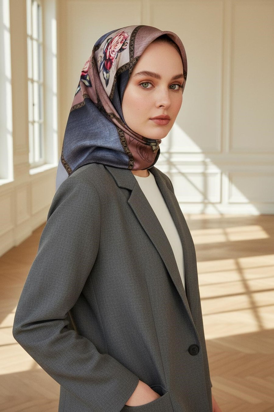 %100 Twill İpek Dokulu Çiçekli Ve Geometrik Desenli Pudra - Gri Renkli 90x90 Eşarp Dikim Şekli : El Dikişi