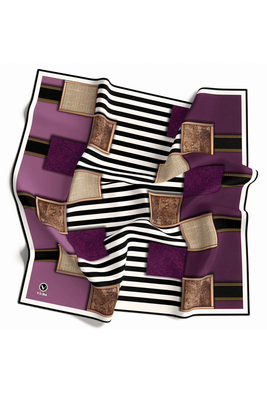 Twill Geometrik Ve Çizgili Desenli Mor Renkli 90x90 Eşarp (İpek İçermez) Dikim Şekli : El Dikişi