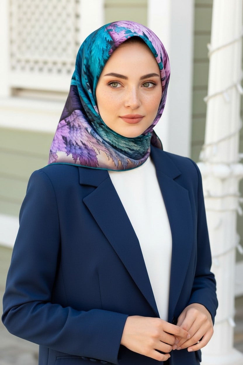 %100 Twill İpek Yaprak Desenli Krem - Turkuaz Renkli 90x90 Eşarp Dikim Şekli : El Dikişi