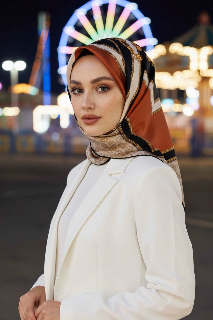 %100 Twill İpek Monogram ve Barok Desenli Krem - Taba Renkli 90x90 Eşarp Dikim Şekli : El Dikişi