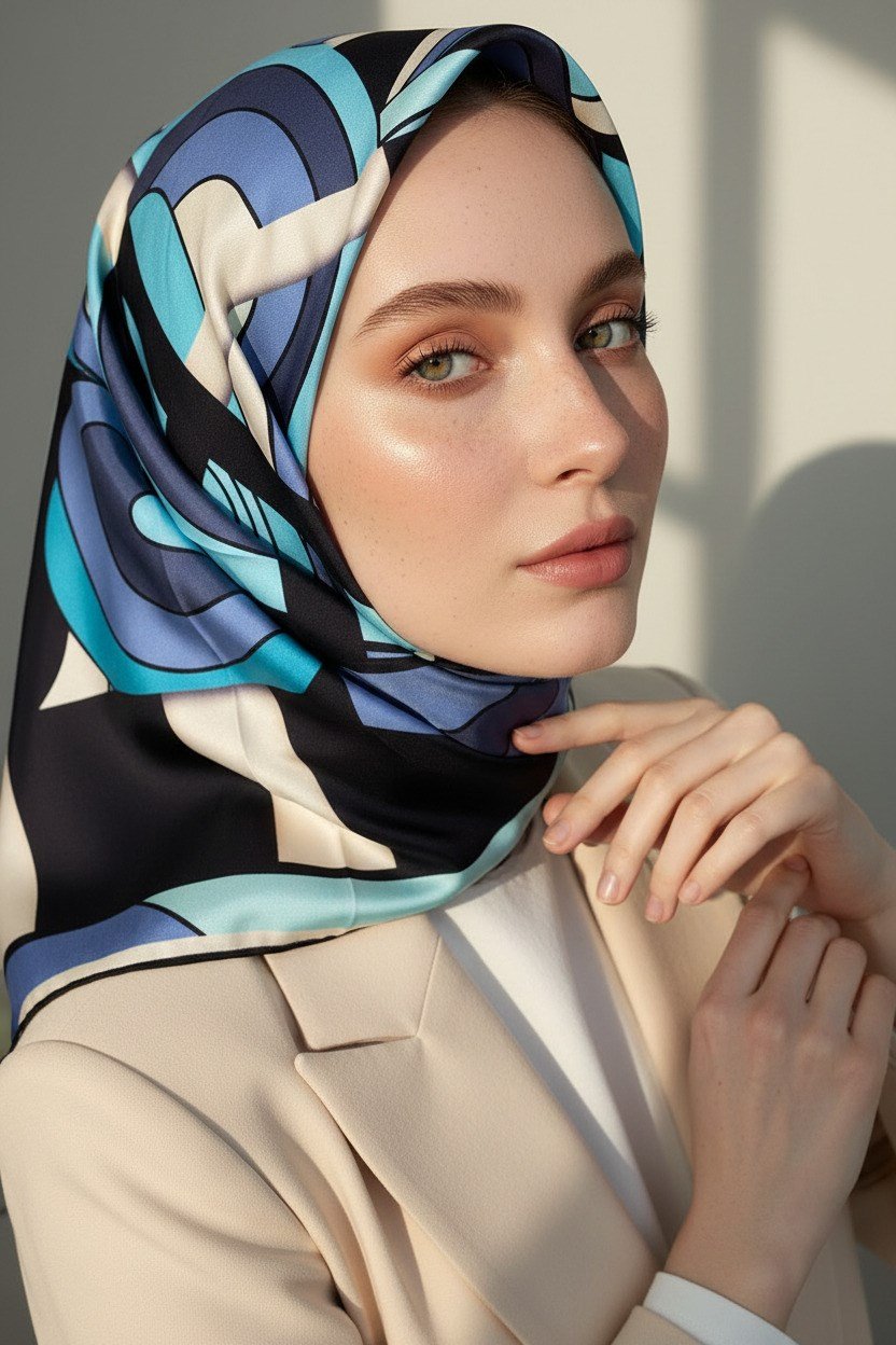 % 57 İPEK % 43 VİSKON Twill İpek Geometrik Desenli Bebe Mavisi - İndigo Renkli 90x90 Dikim Şekli : El Dikişi Eşarp