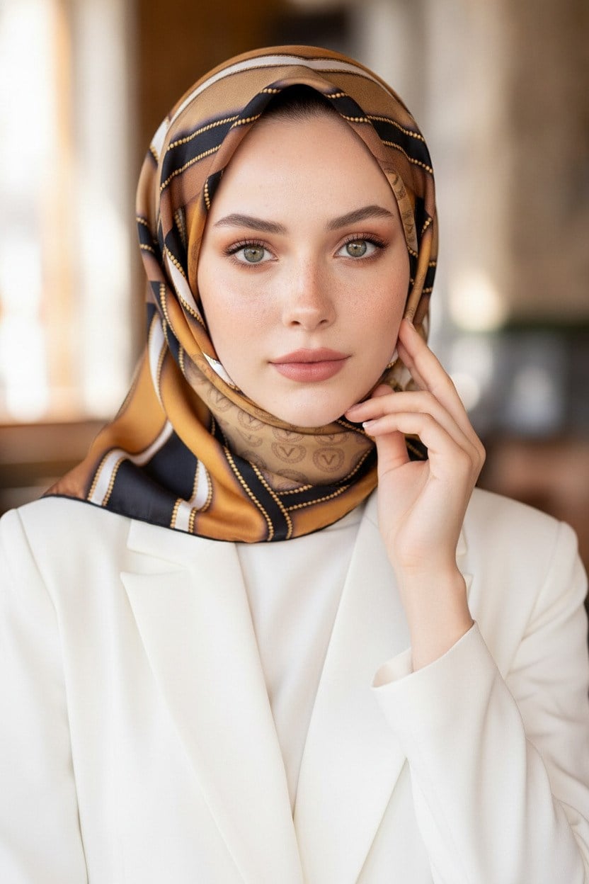 %100 Twill Geometrik Monogram Desenli Gold - Bej Renkli 90x90 Eşarp Kenar Dikiş Şekli : El Dikişli
