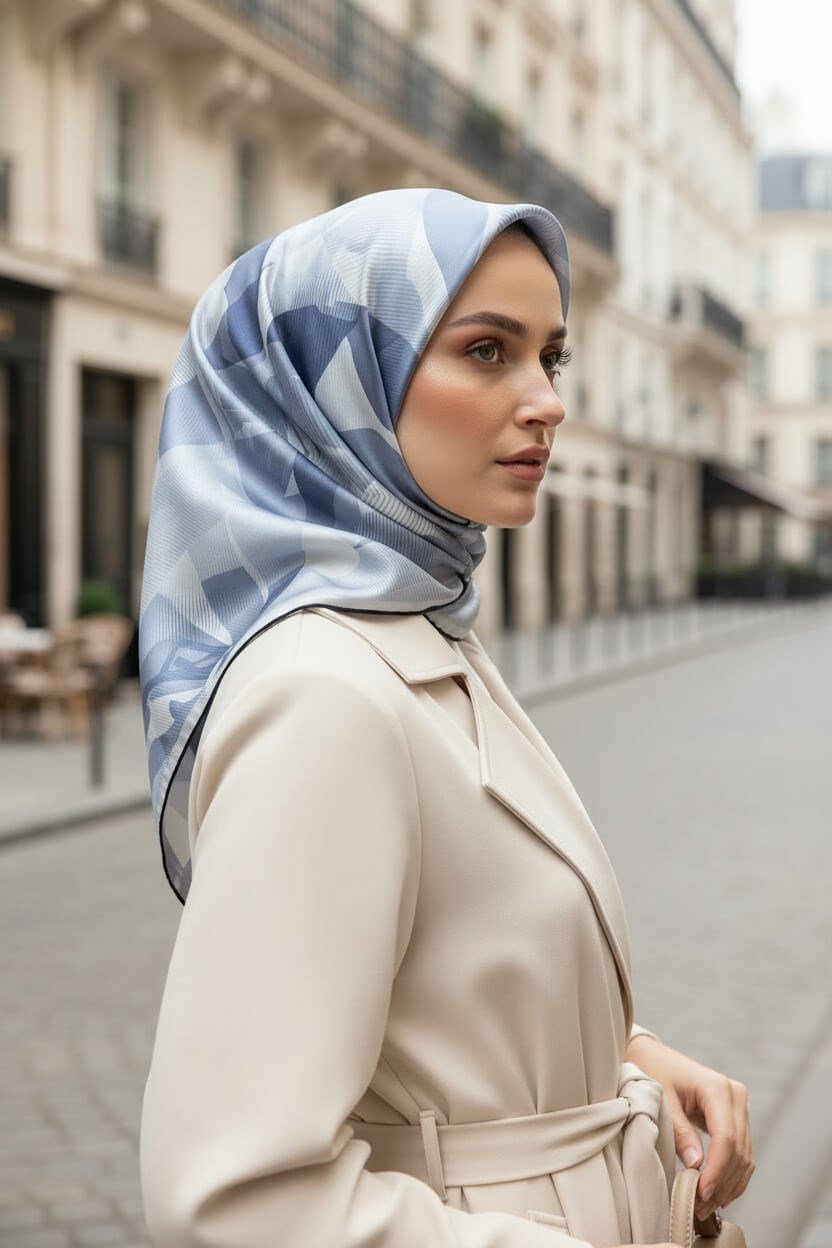 %100 Twill İpek Çiçek Desenli Bebe Mavisi - İndigo Renkli 90x90 Eşarp Dikim Şekli : El Dikişi