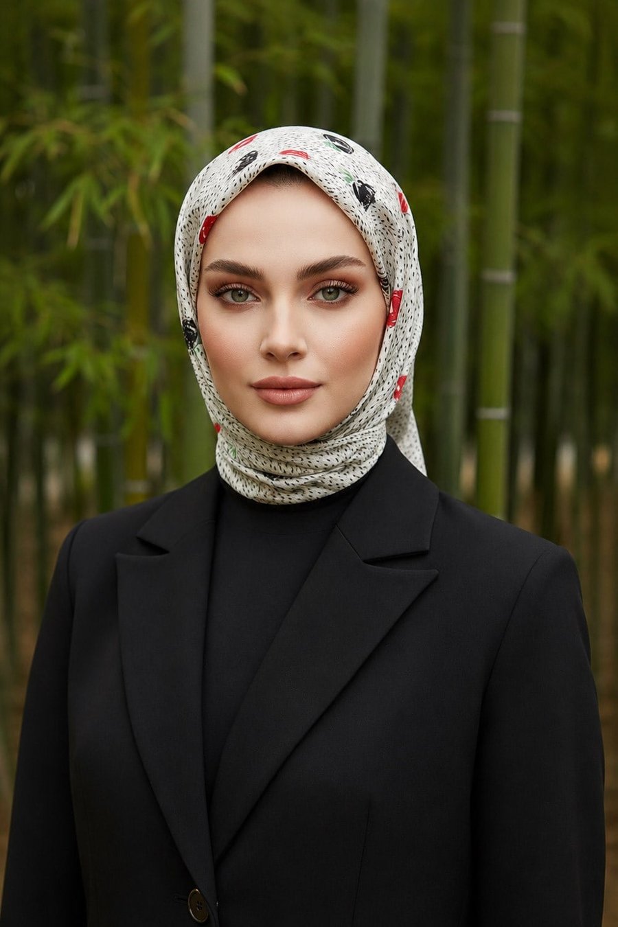 %100 Twill İpek Çıtır Çiçek Desenli Kırmızı - Krem Renkli 90x90 Eşarp Dikim Şekli : El Dikişi