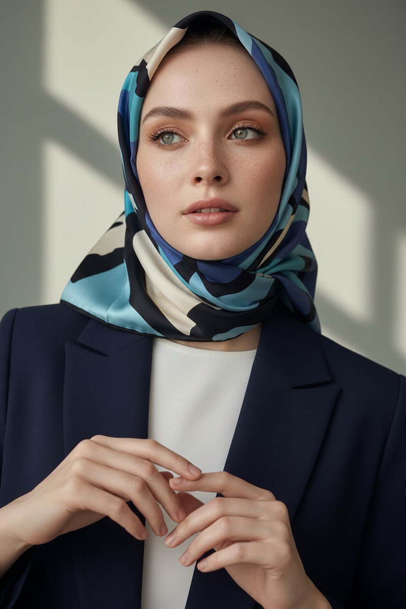 100% Twill İpek Dalga Desenli İndigo - Petrol Mavisi Renkli 90x90 Dikim Şekli : El Dikişi Eşarp