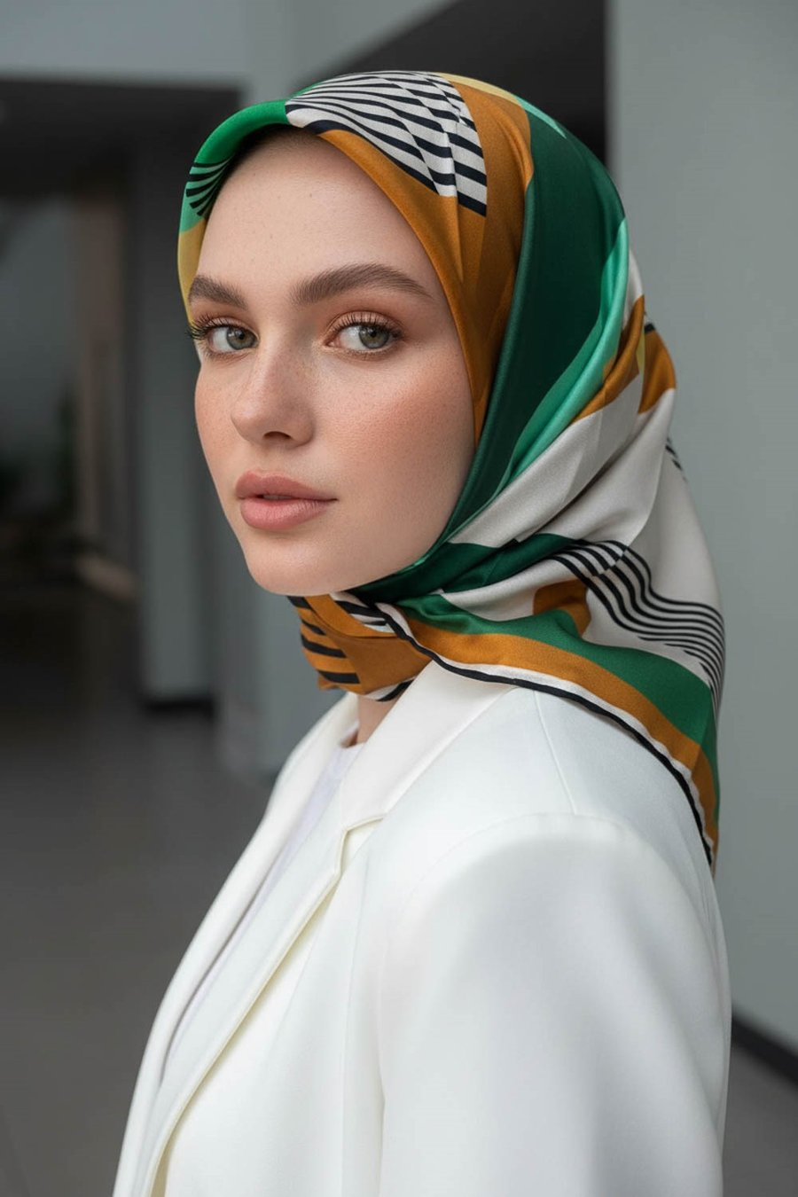 100% Twill İpek Geometrik Desenli Zümrüt Yeşili - Hardal Renkli 90x90 Dikim Şekli : El Dikişi Eşarp