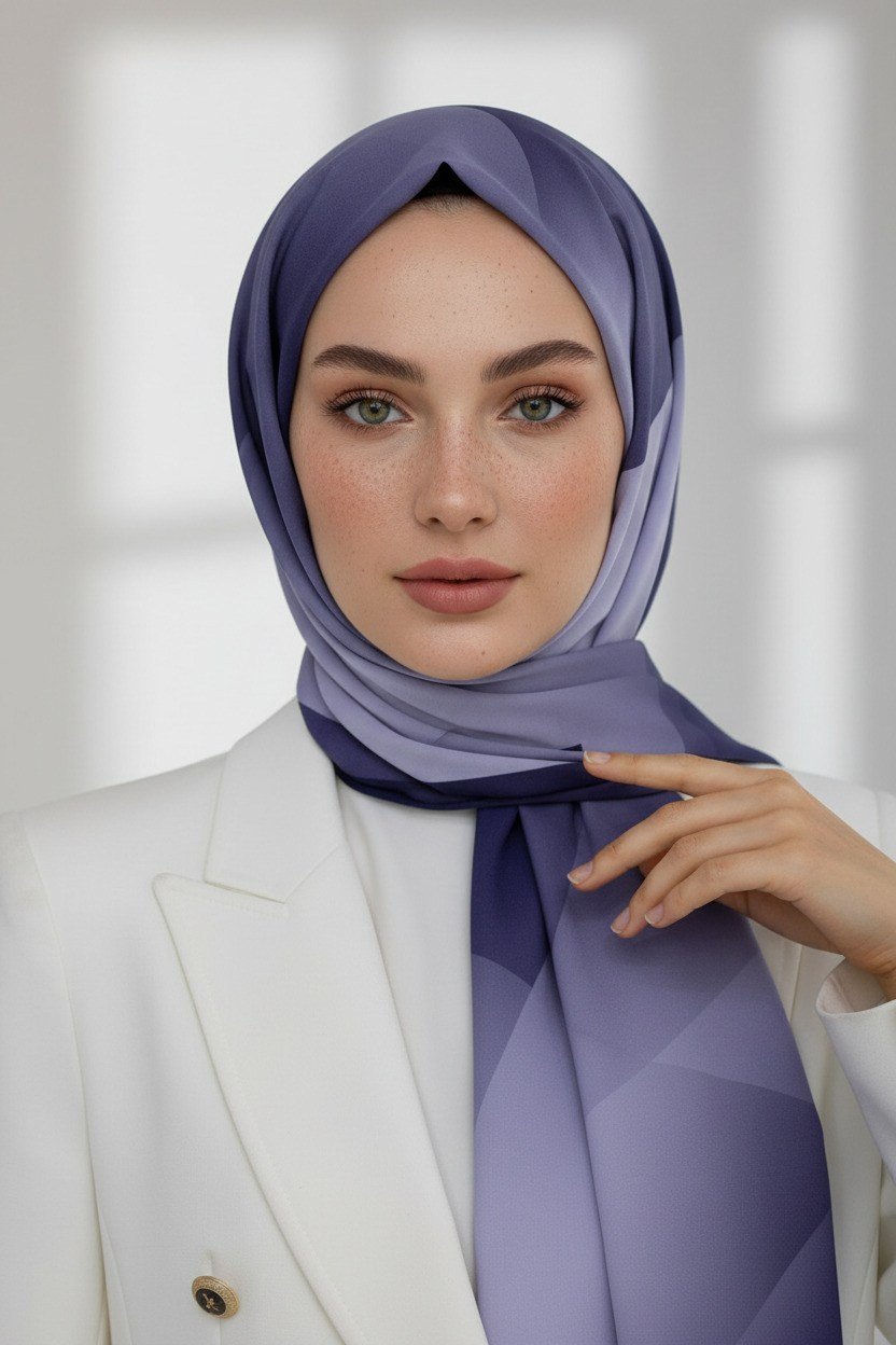 KREP TONSÜRTON DESENLİ İNDİGO RENKLİ 75X195 KIRIŞMAZ ŞAL