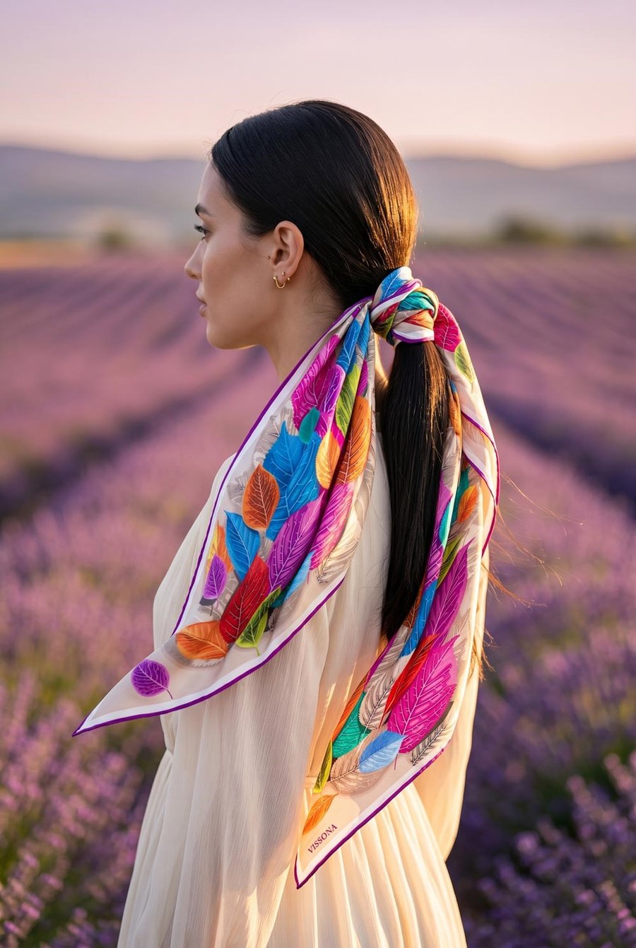 %100 İpek Kadın Desenli Bandana 80x80