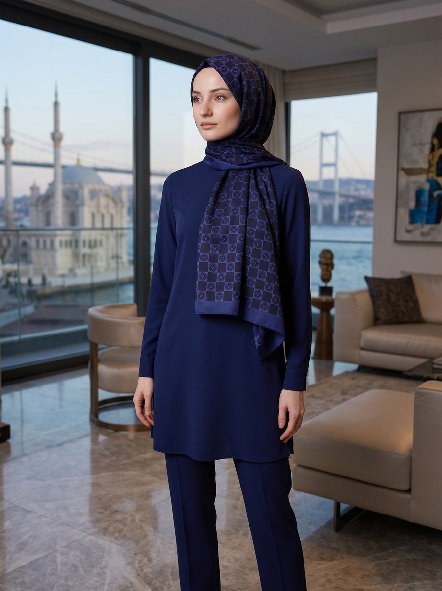 KREP MONOGRAM DESENLİ LACİVERT - İNDİGO RENKLİ 75X195 KIRIŞMAZ ŞAL