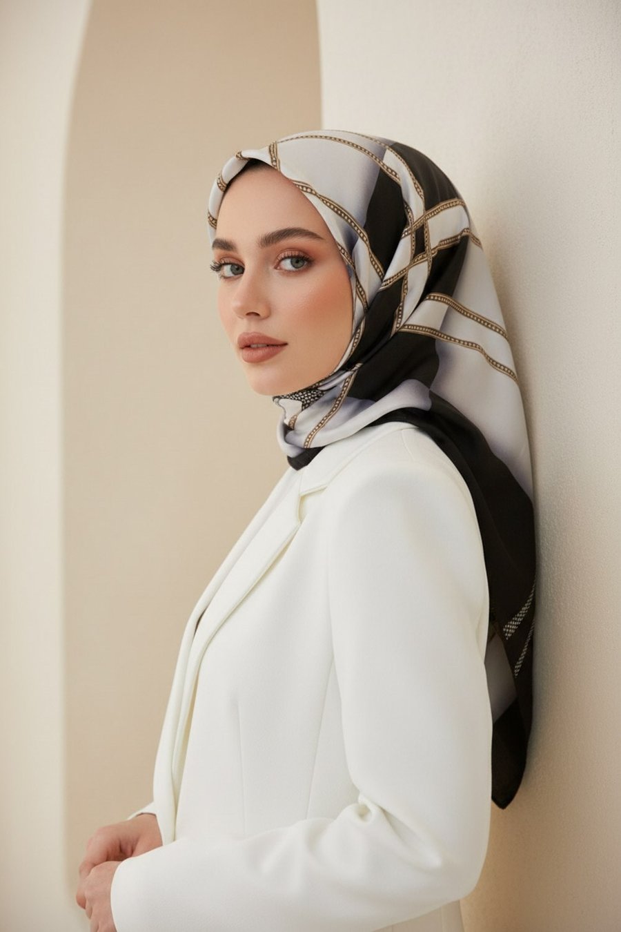 %100 Twill İpek Geometrik Desenli Siyah - Krem Renkli 90x90 Eşarp Dikim Şekli : El Dikişi