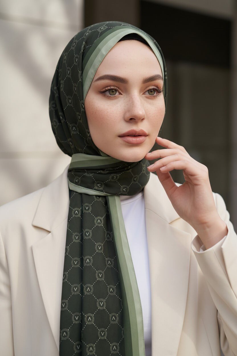 KREP MONOGRAM DESENLİ HAKİ RENKLİ 75X195 KIRIŞMAZ ŞAL