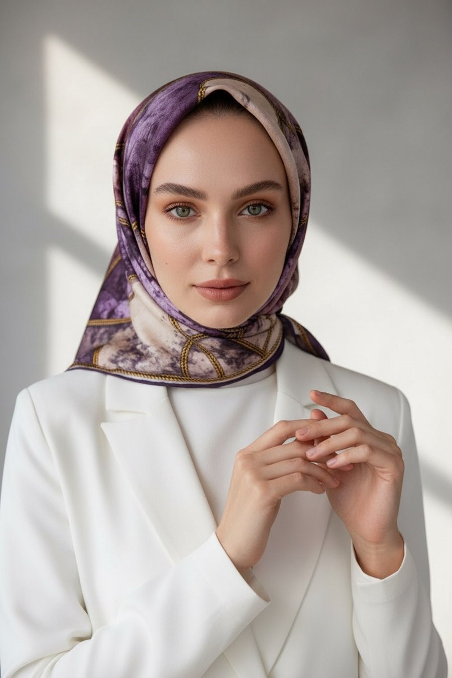 %100 Twill İpek Zincirli Mermer Desenli Mor - Pudra Renkli 90x90 Eşarp Dikim Şekli : El Dikişi