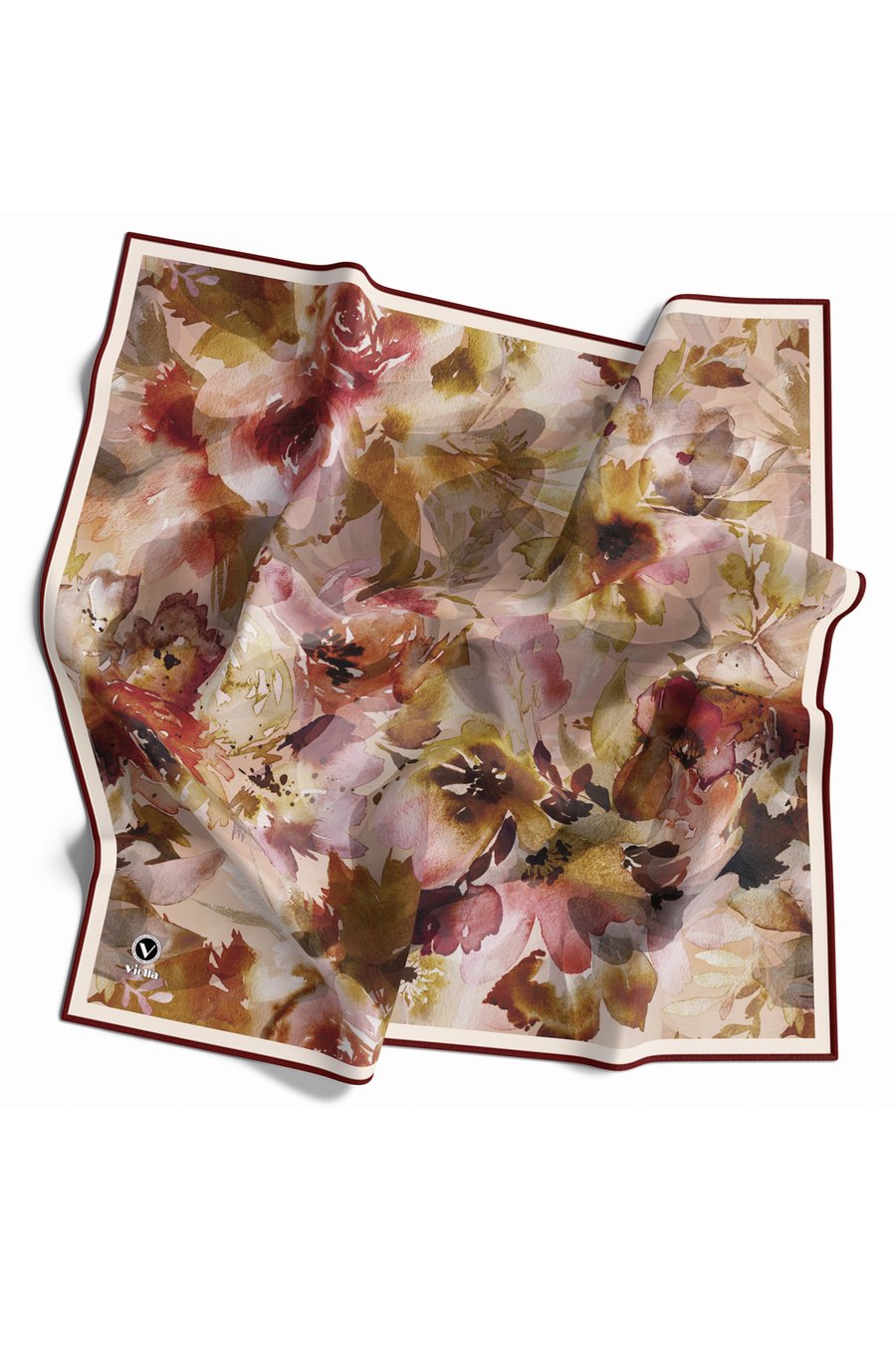Rayon Çiçek Desenli Bordo Renkli 90x90 Eşarp (İpek İçermez) Dikim Şekli : El Dikişi