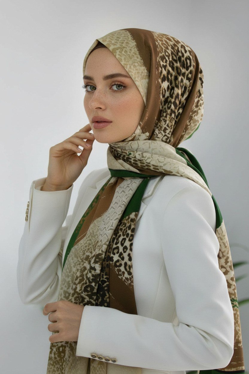 KREP RENKLİ FIRÇA VE LEOPAR DESENLİ ZÜMRÜT YEŞİLİ RENKLİ 75X195 KIRIŞMAZ ŞAL