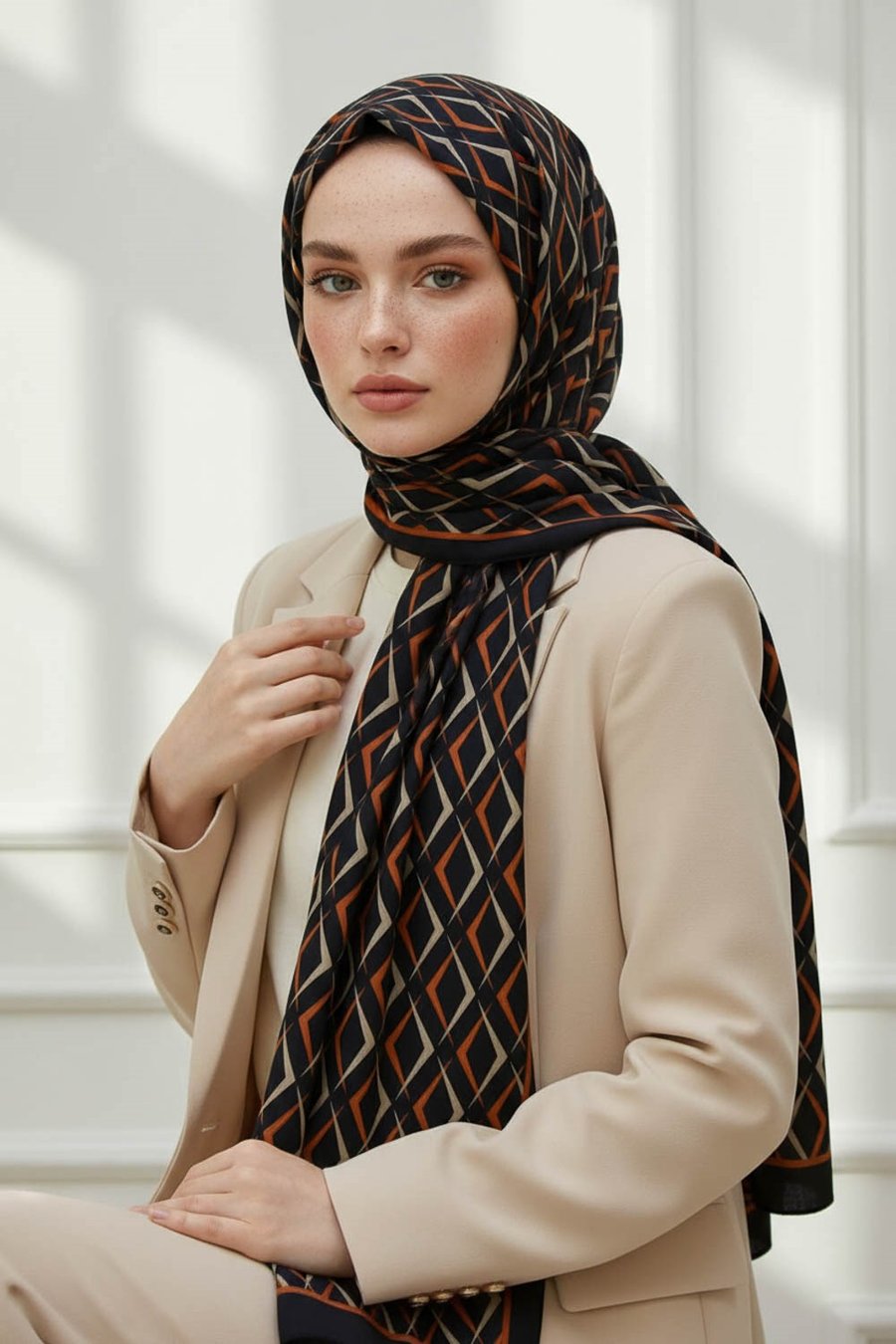 KREP GEOMETRİK DESENLİ SİYAH - TABA RENKLİ 75X195 KIRIŞMAZ ŞAL